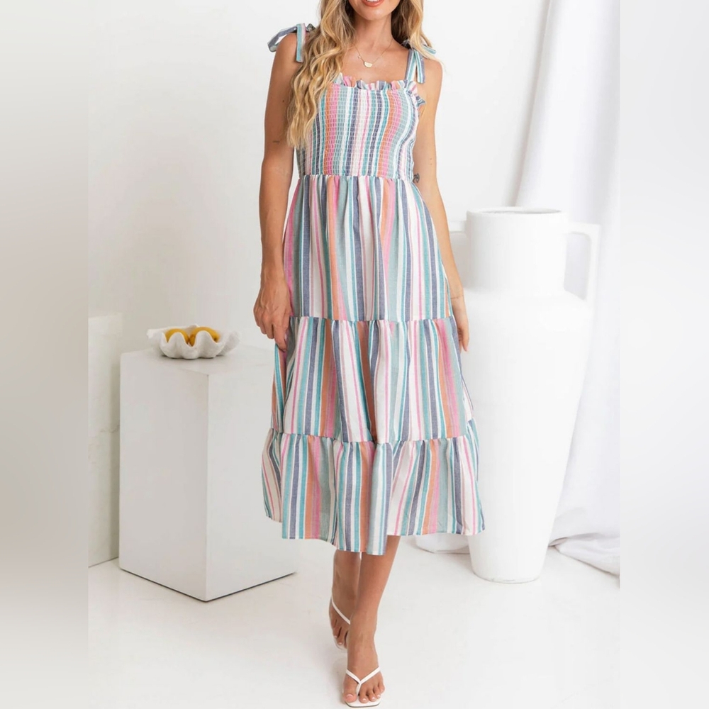 NWT- Boutique-Viscose/Poly/Cotton Contrast Striped Square Neck Cami Midi DressXL
